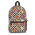 70s Floral Backpack with Black & White Checkered Background | Retro Flower Pattern Bag | Vintage-Inspired Book Bag