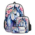 Backpack Horse Floral Schoolbag Custom for Girls Bookbag and Lunchbox Pencil Case Personalized Set Lunch Bag Pencil Pouch for Kids with Name