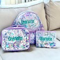 Personalized Medium Unicorn Purple Clear Confetti Backpack, Lunchbox & Pencil Pouch; Back to School for Girls of All Ages; 3 Piece Set