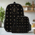 Personalized School Backpack Bag Matching Insulated Lunch Tote Bag Pencil Bag Pouch Set of 3 for School With Gold Crown Monogram Custom Set