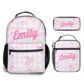 Personalized Backpack Set - Coquette Aesthetic with Pink Bows and Flowers - Backpack + Portable Tote Insulated Lunch Bag + Pen Pouch