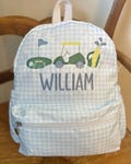 Toddler Blue Gingham Backpack with Name and Golf Design