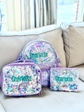 3 Piece Set- Lavender Unicorn Confetti Backpack, Pencil Pouch & Lunchbox; Girl Back to School; Back to School; Packed Party