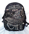 Black Large Y2K Style Punk Rock Denim Leather Backpack,Alt Fashion Cyber Goth Scenecore Rucksack,Visual Kei Grunge Wear Back-to-School Bag