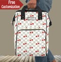 Checkerboard Diaper Bag Backpack with Cherries Personalized Cherry Backpack Gift for Cherry Lover Fruit Travel Bag Baby Shower Gift Idea