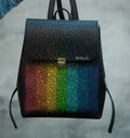 Women Backpack with Rainbow Painting Handmade Purse Rarinbow Rucksack Handcrafted Backpack Black Leather Purse Everyday Backpack