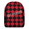 Harley Quinn Minimalist Backpack ? Red and Black Diamond Design, 'Hey Puddin' Print, Perfect for DC Fans