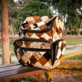 Unisex Handmade Real Cowhide Patchwork Backpack, Diamond Pattern Western Diaper Bag, Leather Backpacks, Travel Bag, Unique Baby Shower Gift